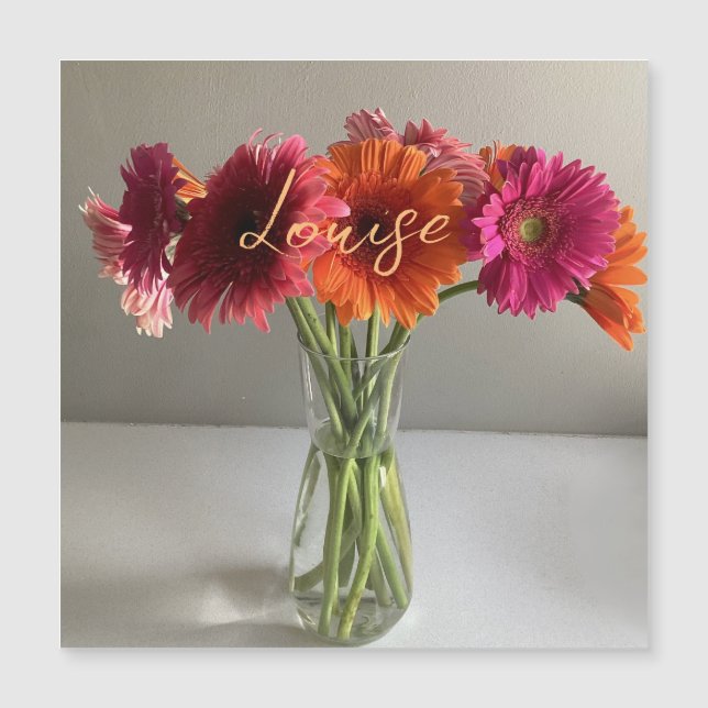 Die fröhliche Gerbera Blume + Individuelle Name Magnetkarte (Vorderseite)