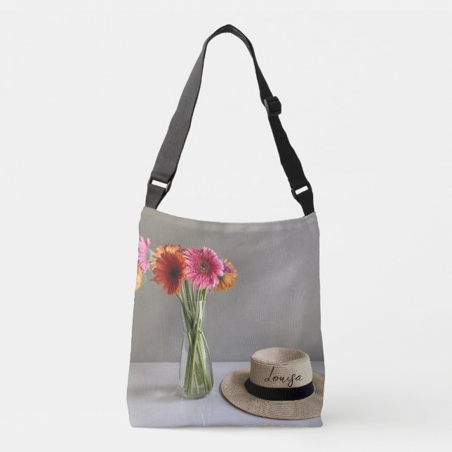 Die fröhliche Gerbera Blume + Individuelle Name Tragetaschen Mit Langen Trägern (Vorderseite)