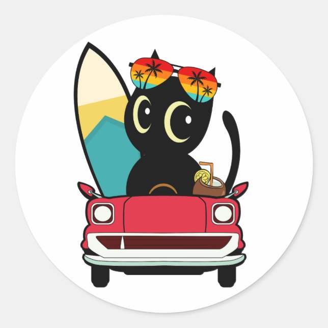 Die Funny Black Cat fährt zum Strand Runder Aufkleber (Vorderseite)