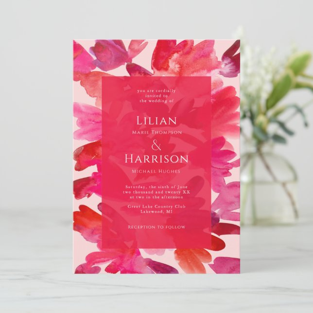 Die ganze Liebe Watercolor Pink Red Wedding Einladung (Stehend Vorderseite)
