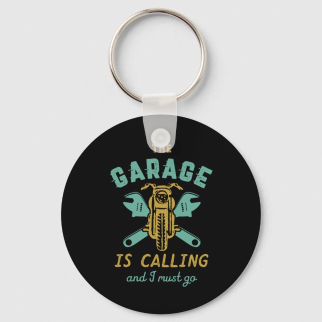 Die Garage ruft ein sonniges Motorrad Schlüsselanhänger (Vorderseite)