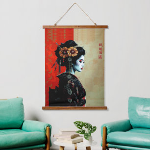 Die Geisha-Blüte – Zeitlose japanische Eleganz Wandteppich Mit Holzrahmen