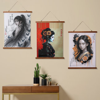 Die Geisha-Blüte – Zeitlose japanische Eleganz Wandteppich Mit Holzrahmen