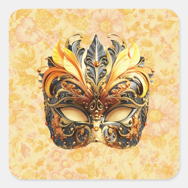 Die gelbe Federmaske im Blumenmuster Quadratischer Aufkleber (Vorderseite)