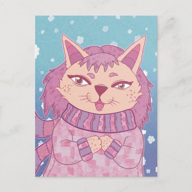 Die gemütliche Winterkatze Postkarte (Vorderseite)