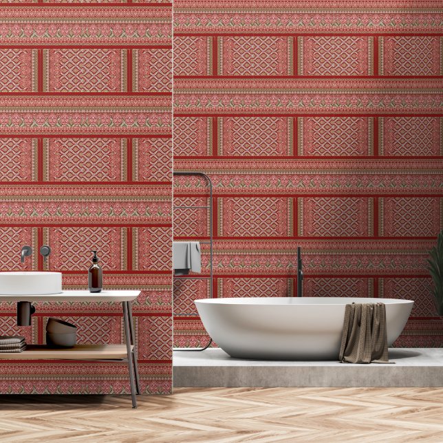 die Gestaltung eines roten und beigen Musters_ Tapete (Badezimmer)