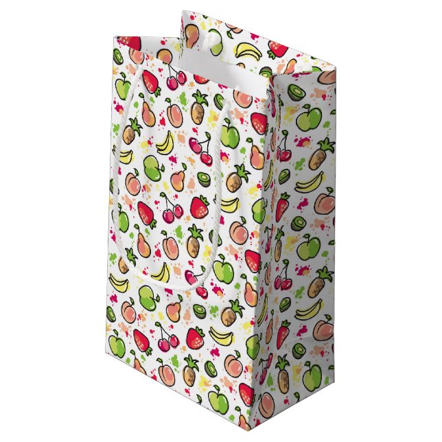 die gezeichnete Hand trägt Muster Früchte Kleine Geschenktüte (Rückseite Schrägansicht)