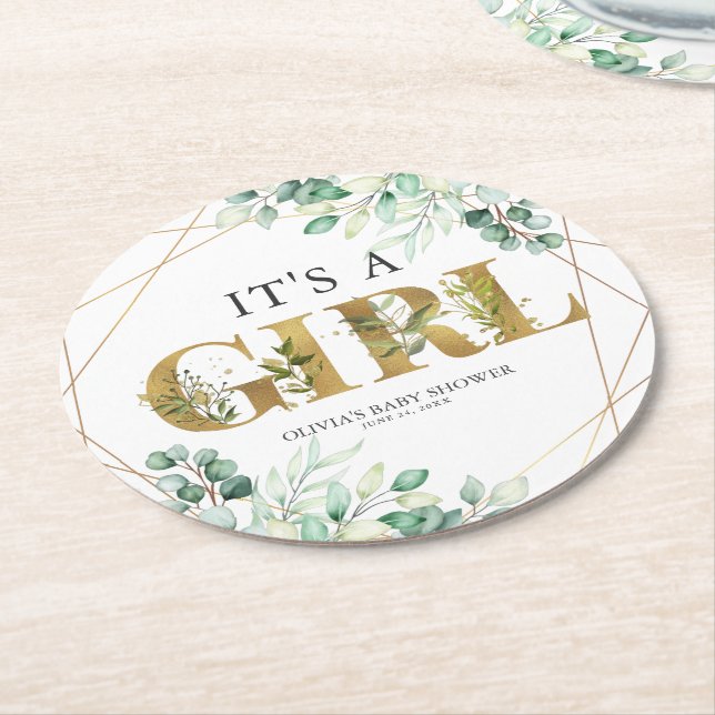 Die Girl Greenery Eucalyptus Gold Baby Dusche Runder Pappuntersetzer (Angewinkelt)