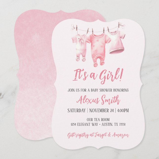 Die Girl Pink Clothesline Girly Baby Dusche Einladung (Vorne/Hinten)