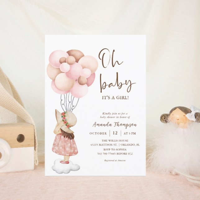 Die Girl Watercolor Babydusche Flying Balloon Einladung (Von Creator hochgeladen)