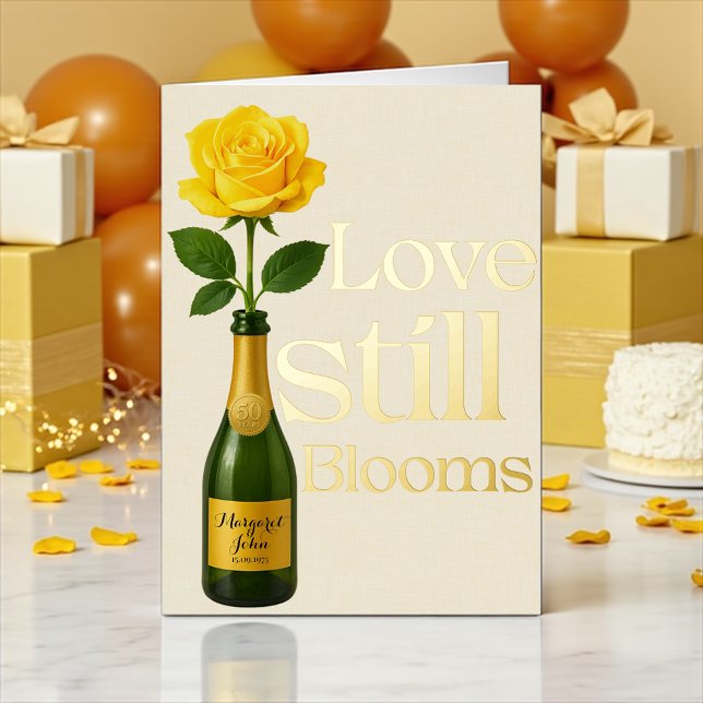 Die goldene Liebe zum 50. Jahrestag der Hochzeit b (Golden 50th anniversary card with yellow rose and champagne bottle design)