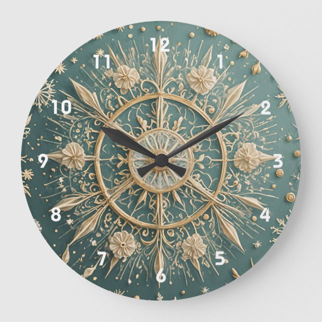 Die goldene Verkleidung des Winters: Eine Snowflak Große Wanduhr (Vorderseite)