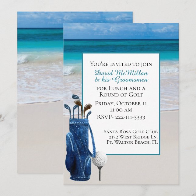 Die Golf-Party Einladung des White Beach Groom (Vorne/Hinten)