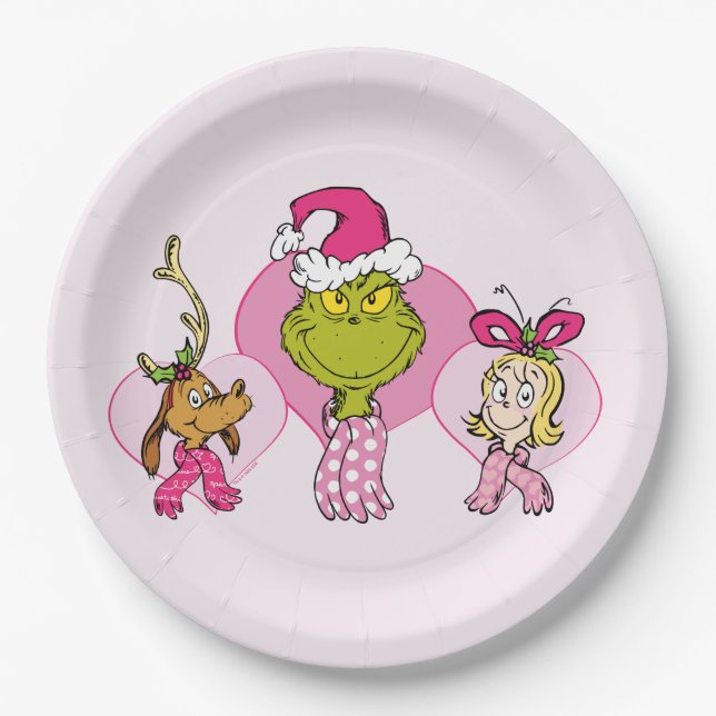 Die Grinch-Crew im rosa Valentinsporträt Pappteller (Vorderseite)