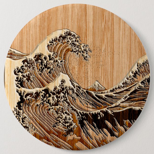Die große Hokusai Wellen-hölzerne Bambusart Button (Vorderseite)