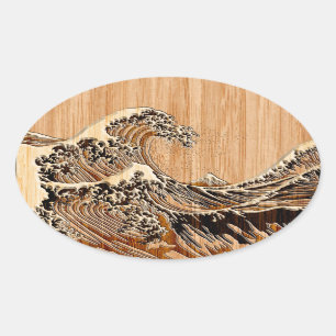 Die große Hokusai Wellen-hölzerne Bambusart Ovaler Aufkleber