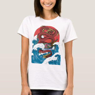 Die große kanagawa Welle Red Dragon Japanisch Rame T-Shirt