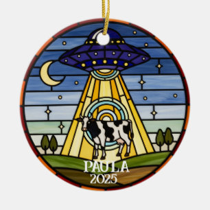 Die große Kuhentführung: Retro-Bleiglas-UFO Keramik Ornament