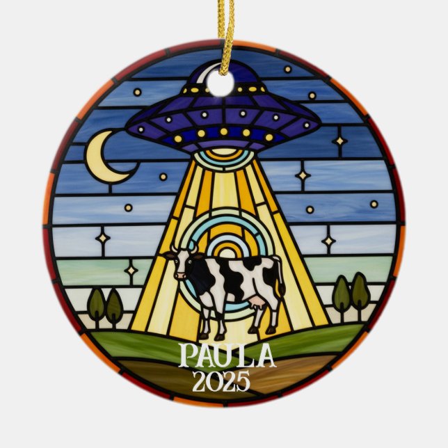 Die große Kuhentführung: Retro-Bleiglas-UFO Keramik Ornament (Vorne)