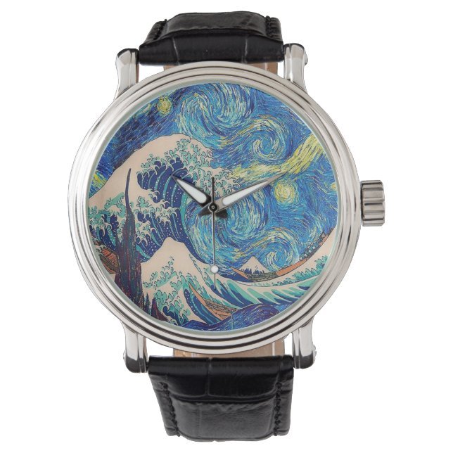Die große Welle ab Kanagawa die Sternennacht Armbanduhr (Vorderseite)