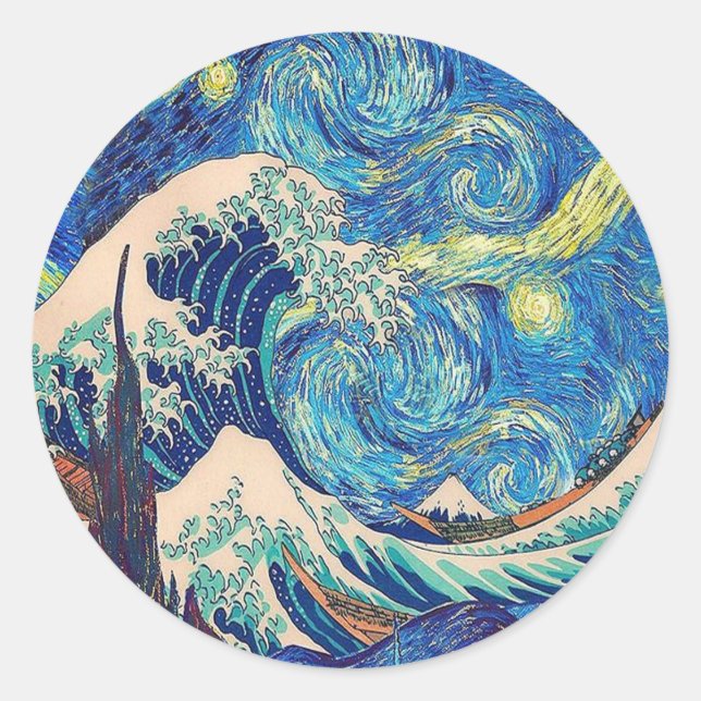 Die große Welle ab Kanagawa die Sternennacht Runder Aufkleber (Vorderseite)