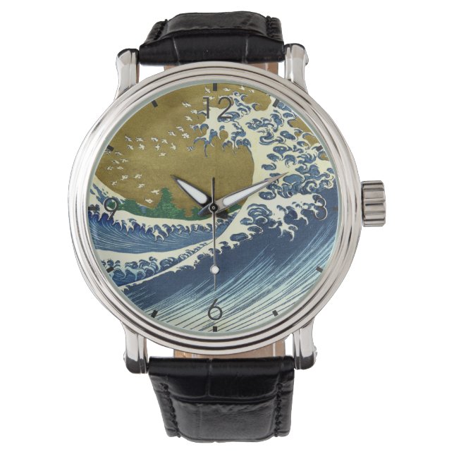 Die große Welle (blaue und goldene japanische Kuns Armbanduhr (Vorderseite)
