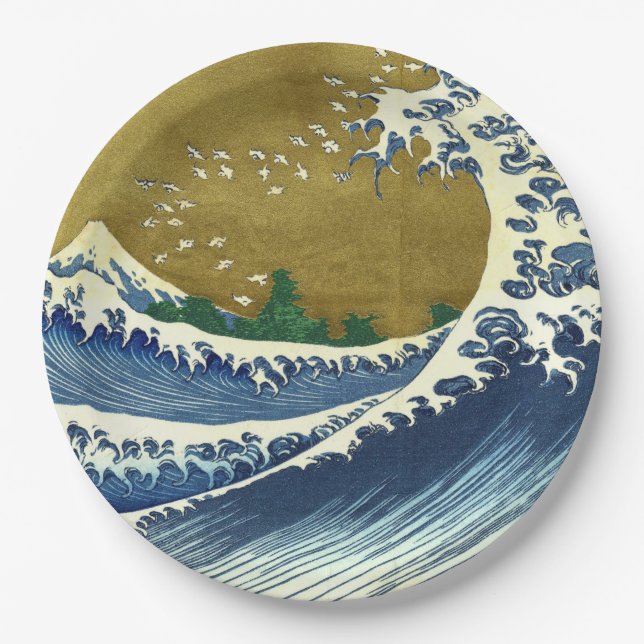 Die große Welle (blaue und goldene japanische Kuns Pappteller (Vorderseite)