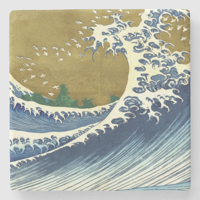 Die große Welle (blaue und goldene japanische Kuns Steinuntersetzer (Vorderseite)