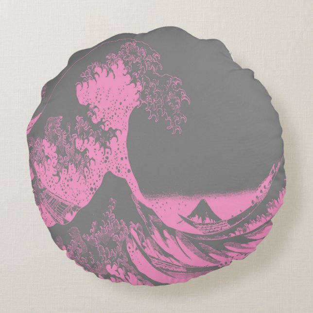 Die große Welle rund Kissen rosa und grau (Rückseite)