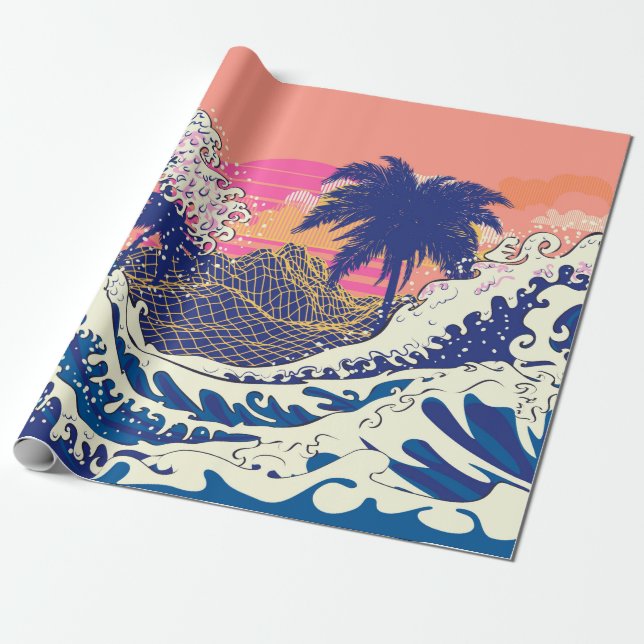 Die große Welle von Kanagawa und Palmen Geschenkpapier (Ungerollt)