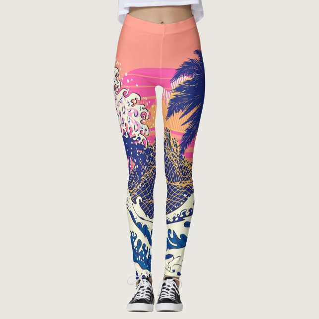 Die große Welle von Kanagawa und Palmen Leggings (Vorderseite)