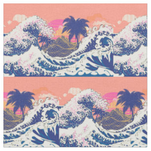 Die große Welle von Kanagawa und Palmen Stoff