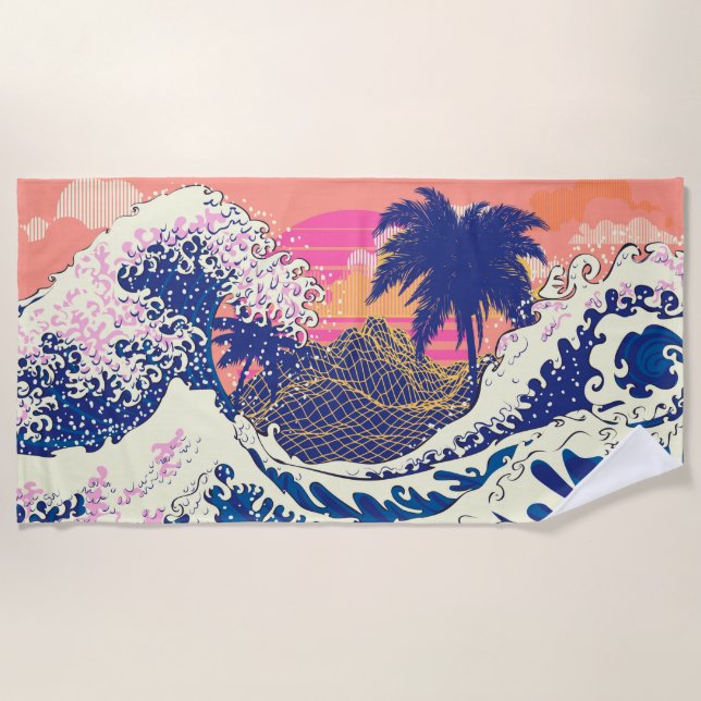 Die große Welle von Kanagawa und Palmen Strandtuch (Vorderseite)
