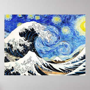 Die große Welle vor Kanagawa in Sternennacht Poster