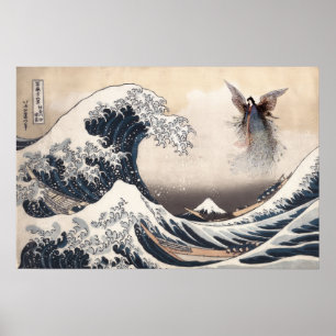 Die große Welle vor Kanagawa mit der Mondfee Poster
