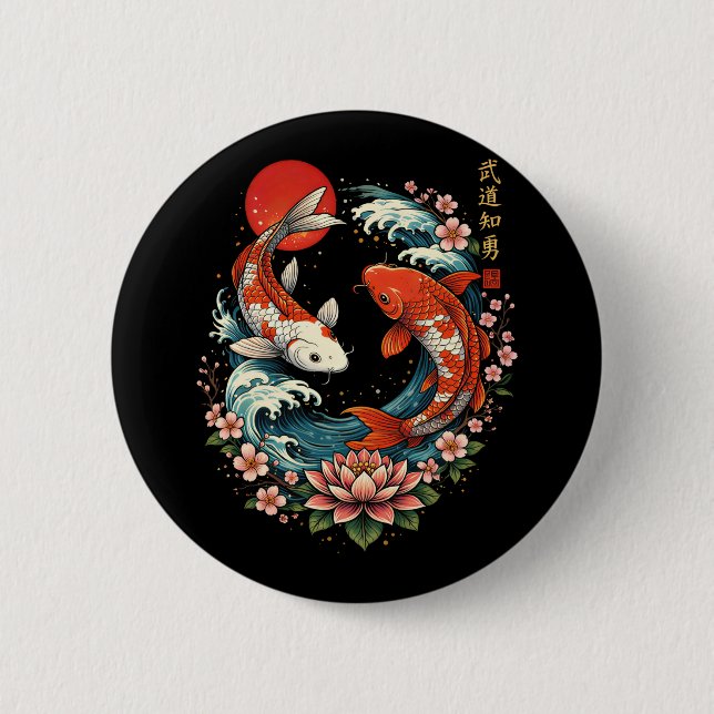 Die große Welle vor Koi-Fischen  Button (Vorderseite)