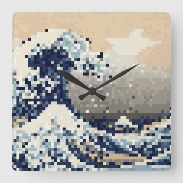 Die große Welle weg von der Bit-Pixel-Kunst Quadratische Wanduhr (Vorderseite)