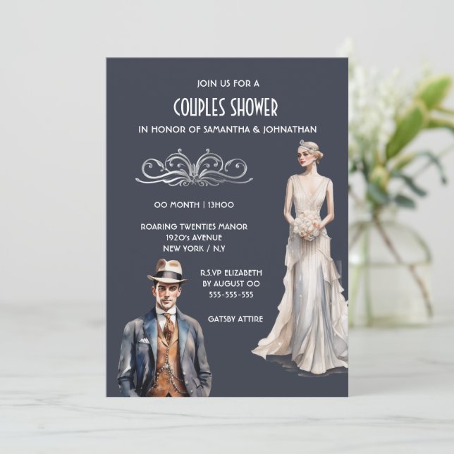 Die großen Gatsby-Paare duschen Brautpfoom elegant Einladung (Stehend Vorderseite)