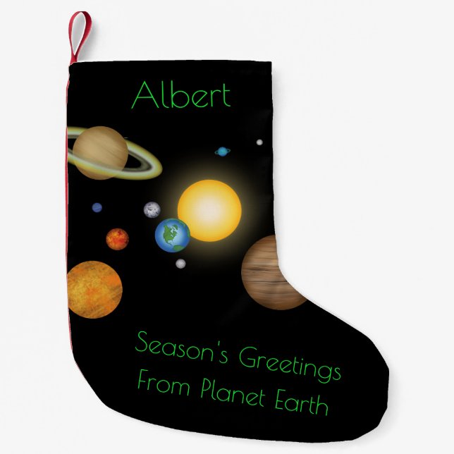 "Die Grüße der Jahreszeit vom Planeten Erde" Kosmi Kleiner Weihnachtsstrumpf (Vorderseite)