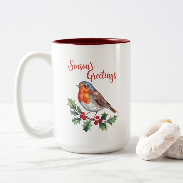 Die Grüße der Jahreszeit von fröhlichem Robin Zweifarbige Tasse (Mit Donut)