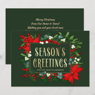 Die Grüße der Saison. Mistletoe, Poinsettia-Rahmen Feiertagskarte