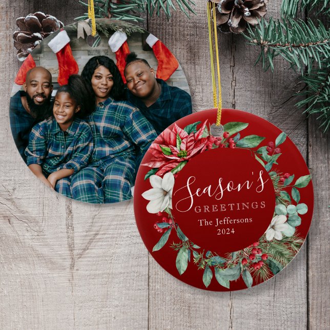 Die Grüße der Saison Red Poinsettia Foto Weihnacht Keramik Ornament (Season's Greetings Red Poinsettia Photo Christmas Ceramic Ornament
)