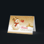 Die Grüße der Saison Snowman Faltenkarte Feiertagskarte<br><div class="desc">Müssen Sie Weihnachten Weihnachtskarten an diese Weihnachtszeit schicken? Dann ist diese elegante goldene Snowman-Karte perfekt für Sie! Sie müssen nur die Texte auf der Karte ändern. Um den Schriftart,  die Farbe und die Größe des Textes zu ändern oder um weitere Texte hinzuzufügen,  klicken Sie auf "Anpassen".</div>