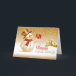 Die Grüße der Saison Snowman Faltenkarte Feiertagskarte<br><div class="desc">Müssen Sie Weihnachten Weihnachtskarten an diese Weihnachtszeit schicken? Dann ist diese elegante goldene Snowman-Karte perfekt für Sie! Sie müssen nur die Texte auf der Karte ändern. Um den Schriftart,  die Farbe und die Größe des Textes zu ändern oder um weitere Texte hinzuzufügen,  klicken Sie auf "Anpassen".</div>