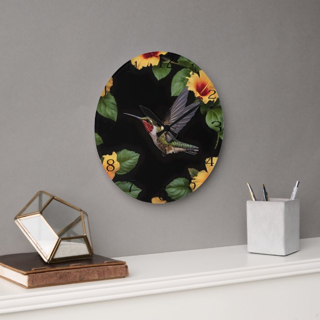 "Die Harmonie der Natur: Ein Hummingvogel-Hibiskus Große Wanduhr (Büro)