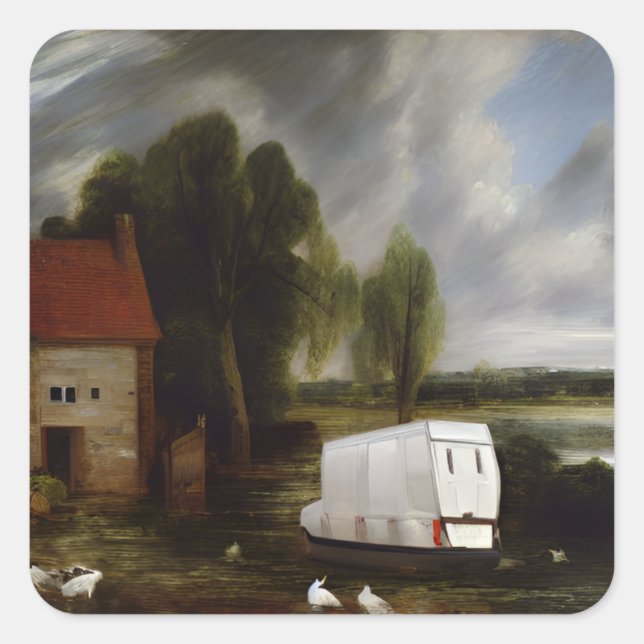 Die Hay Van Landscape Szene mit stürmischen Himmel Quadratischer Aufkleber (Vorderseite)