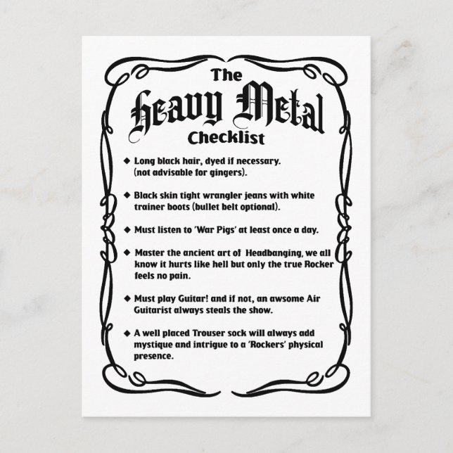 Die Heavy-Metal-Checkliste Postkarte (Vorderseite)