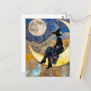 Die Hexe auf dem Mond vor dem Mond Collage Postkarte