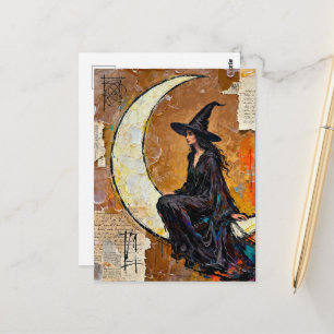 Die Hexe auf der Mond-Collage Postkarte