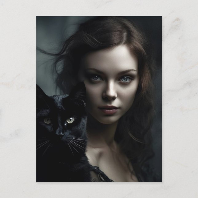 Die Hexe und ihre schwarze Katze Postkarte (Vorderseite)